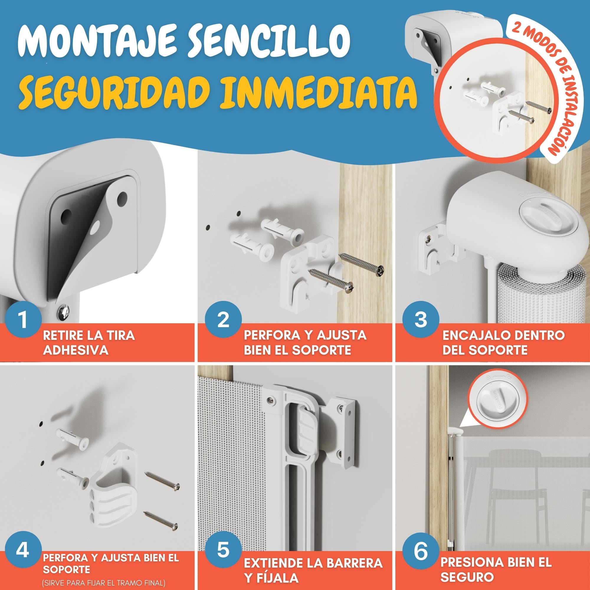 PARVULI® Barrera Seguridad Niños Escalera Retráctil 0-140 cm + 2 Protectores de Puerta | Valla Infantil y para Mascotas | Para Puertas y Escaleras | Interior y Exterior