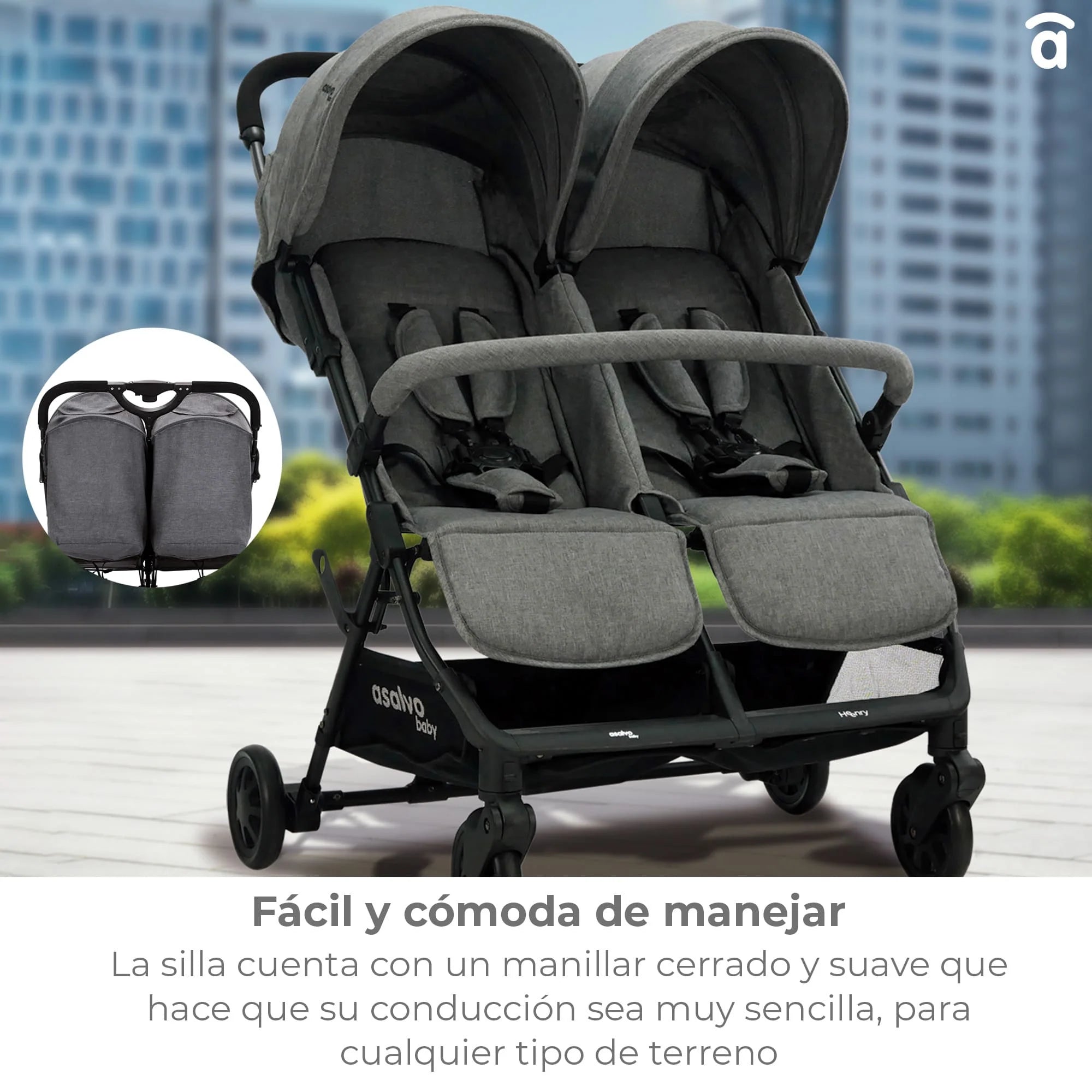 Silla Gemelar Henry Gris - Ligera, Compacta y Manejable para Dos Niños"