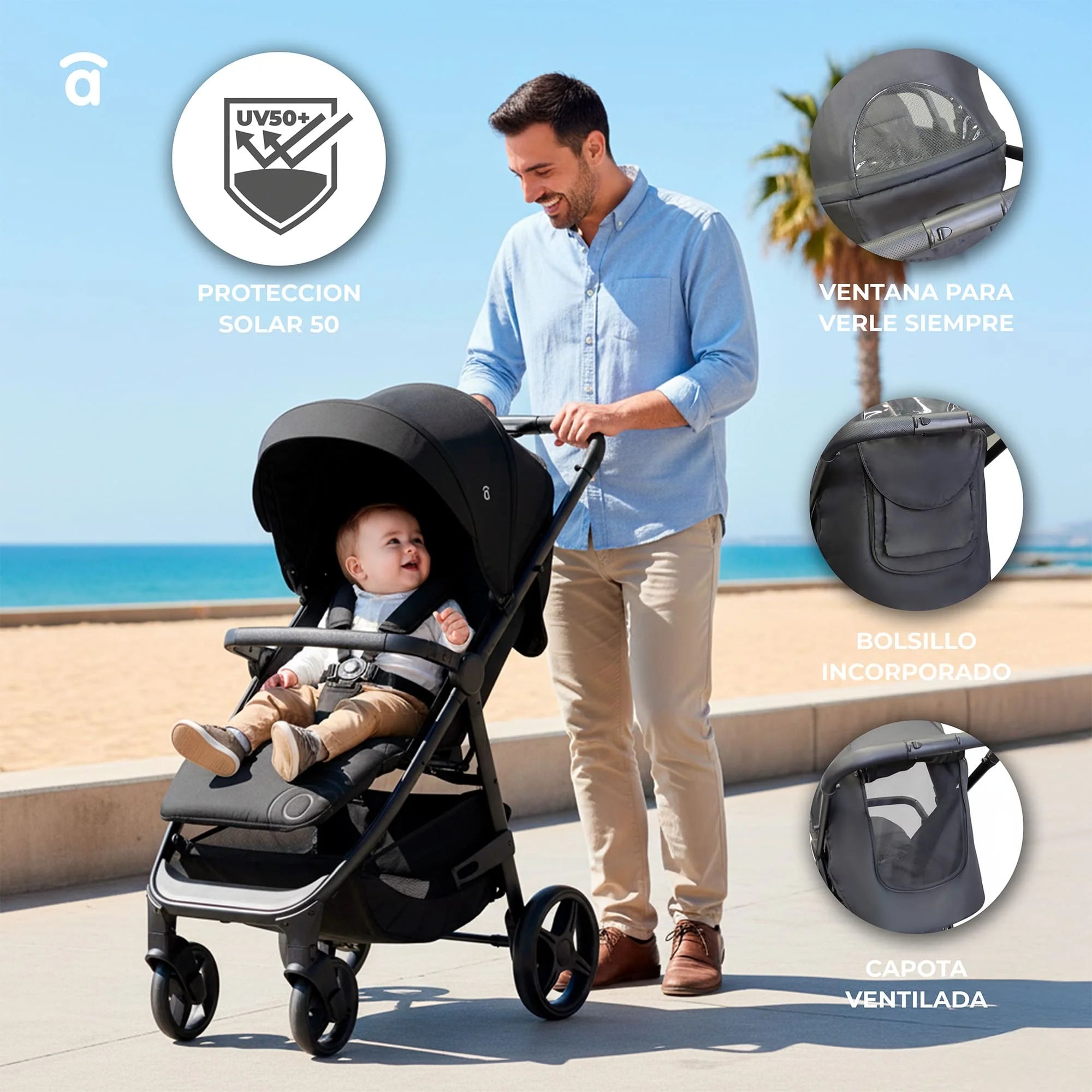 Silla de Paseo Ligera Iconic - Negro con Arnés 5 Puntos