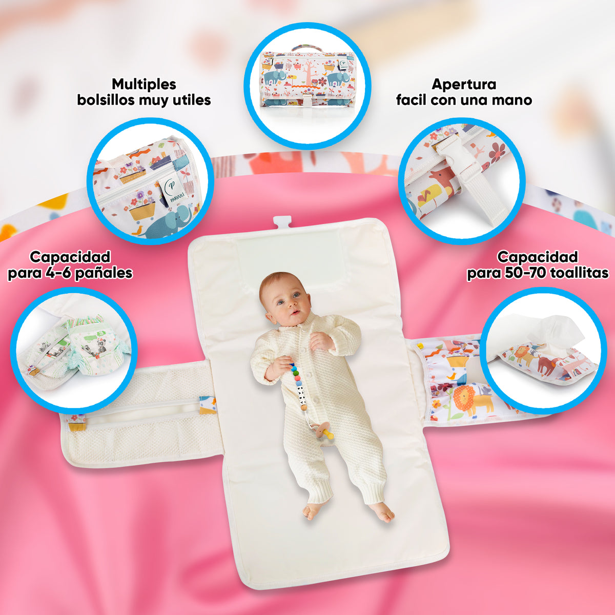 PARVULÍ PACK Cambiador de Bebe Portatil XL Con Chupetero | Regalos Originales para Recien Nacidos | Plegable e Impermeable Que Mantiene al Bebe Cómodo y Limpio