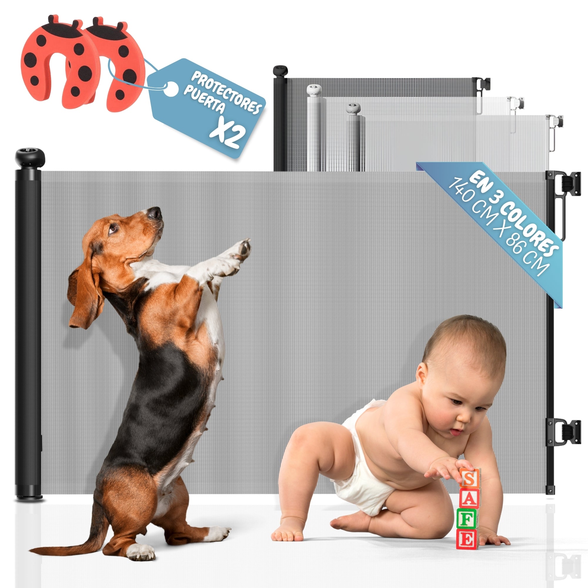 PARVULI® Barrera Seguridad Niños Escalera Retráctil 0-140 cm + 2 Protectores de Puerta | Valla Infantil y para Mascotas | Para Puertas y Escaleras | Interior y Exterior