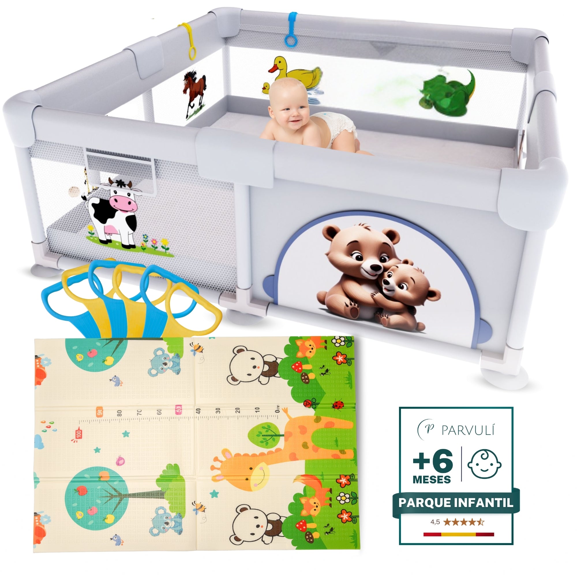 PARVULI® Parque Infantil Bebé | Corralito Bebé con 6 Agarraderas + Alfombra Acolchada | Plegable, Seguro y Transpirable - PARVULI