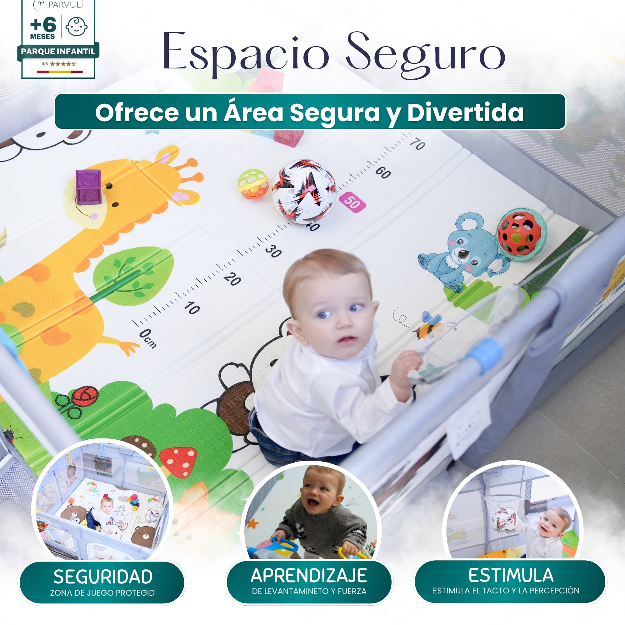 PARVULI® Parque Infantil Bebé | Corralito Bebé con 6 Agarraderas + Alfombra Acolchada | Plegable, Seguro y Transpirable - PARVULI