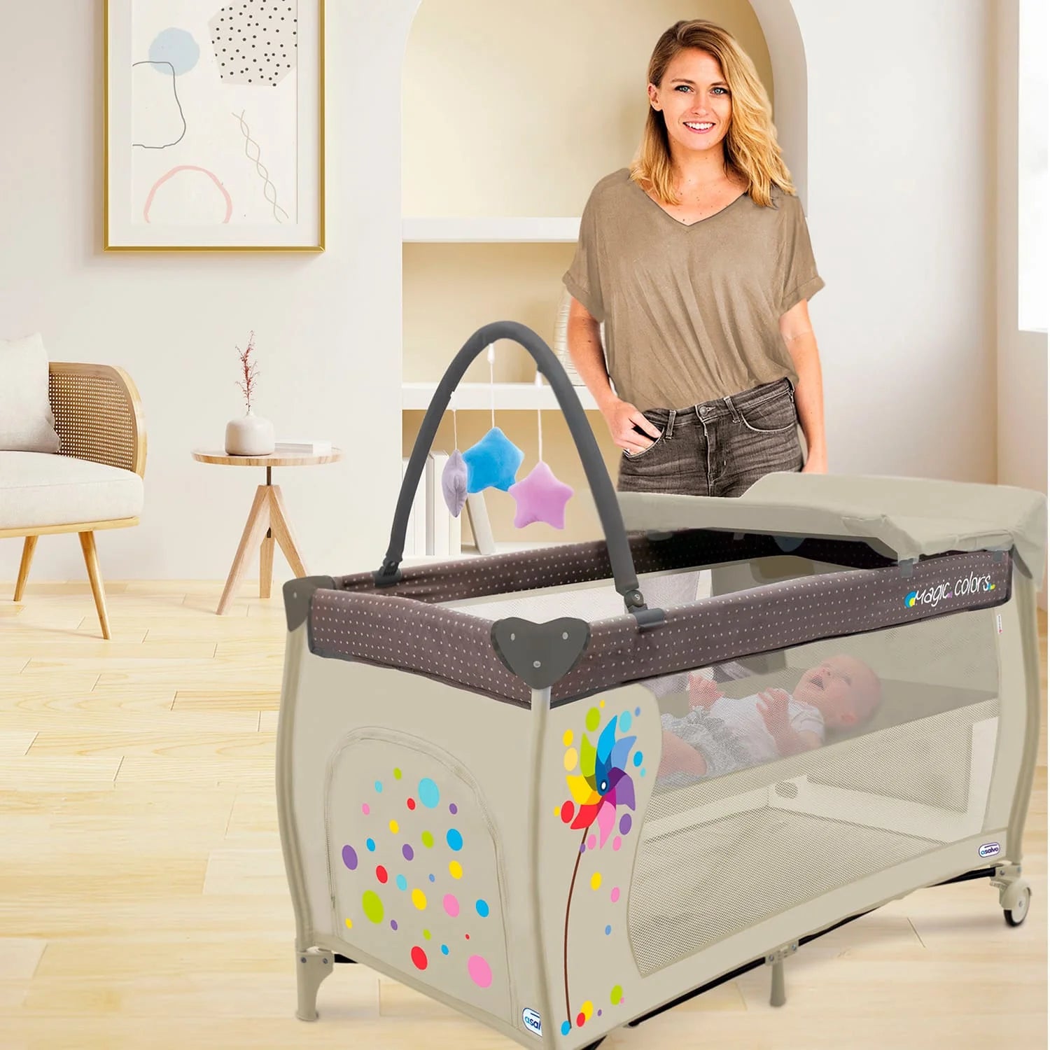 Cuna de Viaje Completa Diente de León con Cambiador y Doble Altura