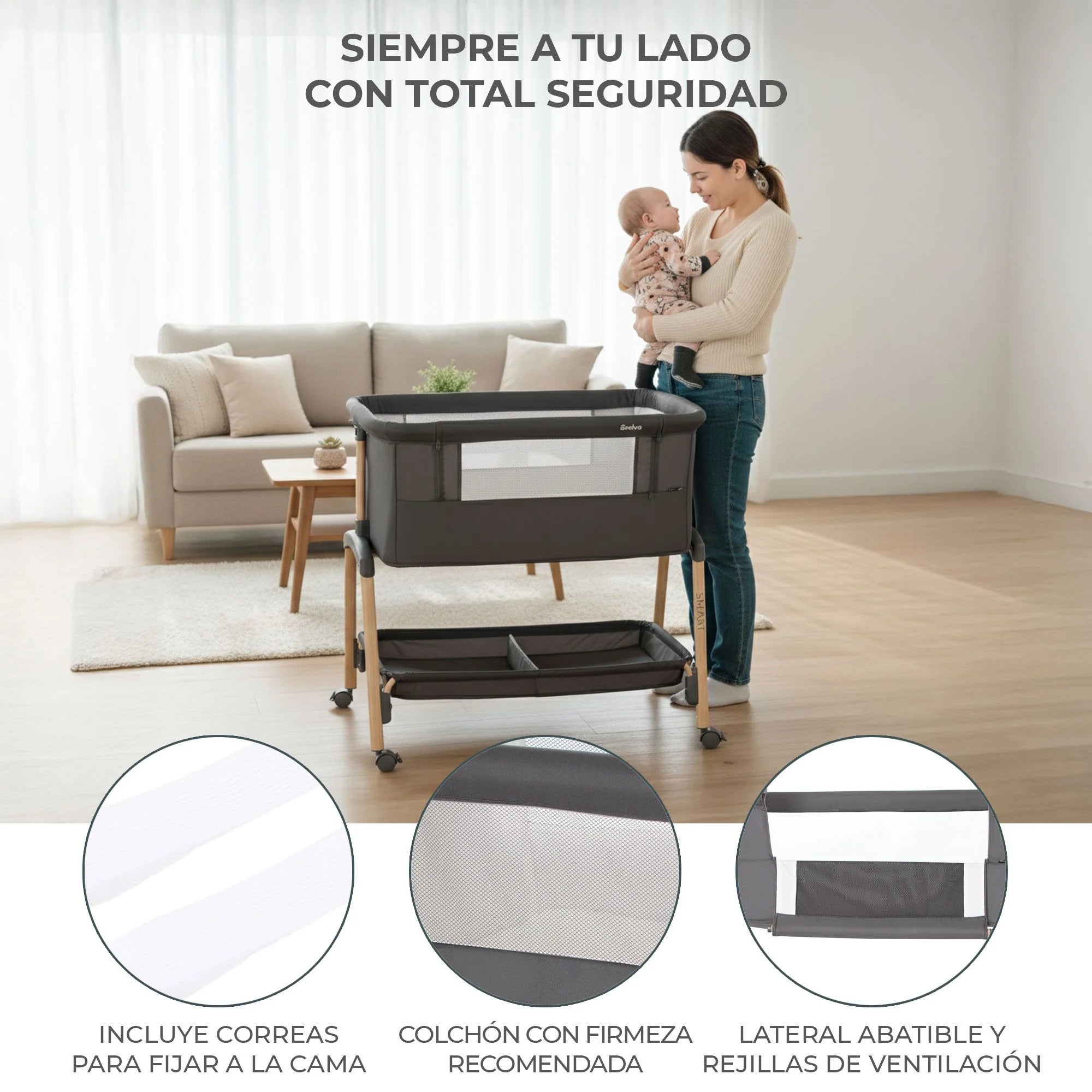 Minicuna de Colecho Smart 2 en 1 - Regulable en Altura con Patas Efecto Madera