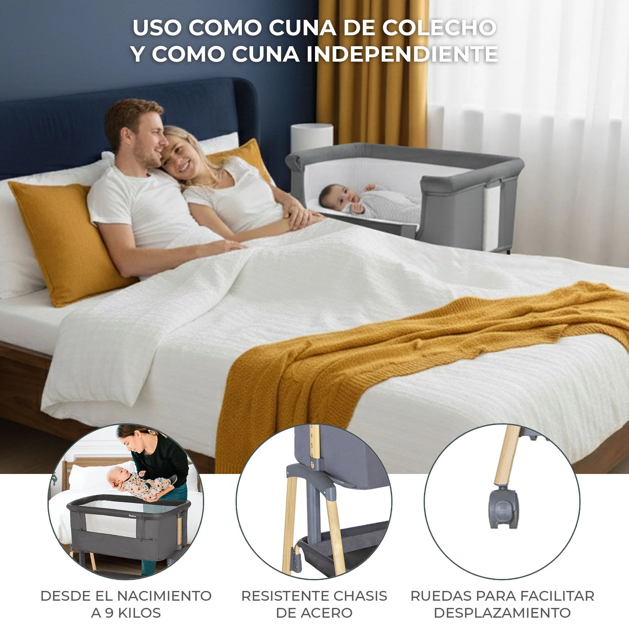 Minicuna de Colecho Smart 2 en 1 - Regulable en Altura con Patas Efecto Madera