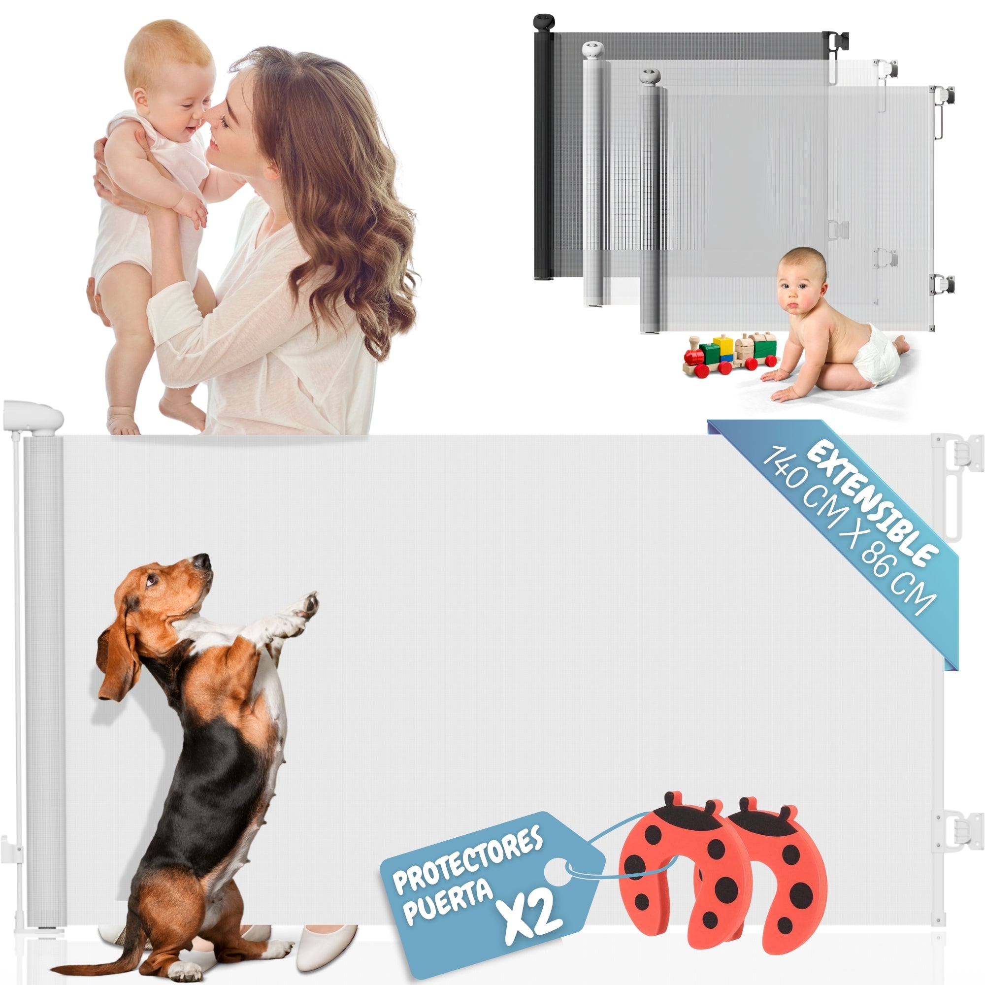 PARVULI® Barrera Seguridad Niños Escalera Retráctil 0-140 cm + 2 Protectores de Puerta | Valla Infantil y para Mascotas | Para Puertas y Escaleras | Interior y Exterior