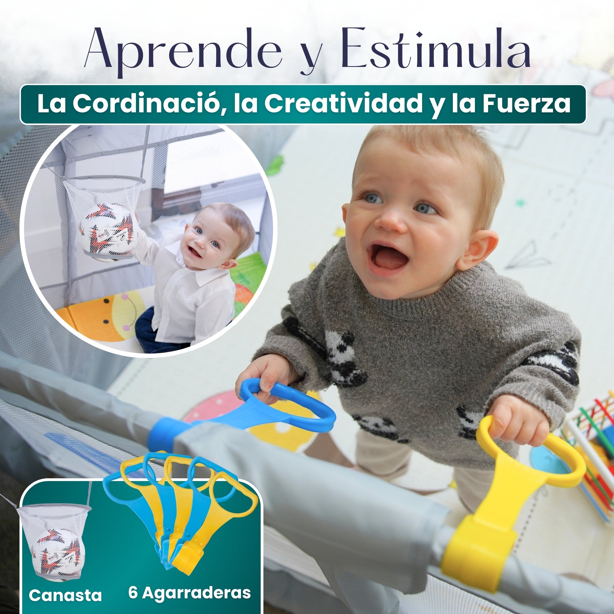 PARVULI® Parque Infantil Bebé | Corralito Bebé con 6 Agarraderas + Alfombra Acolchada | Plegable, Seguro y Transpirable - PARVULI