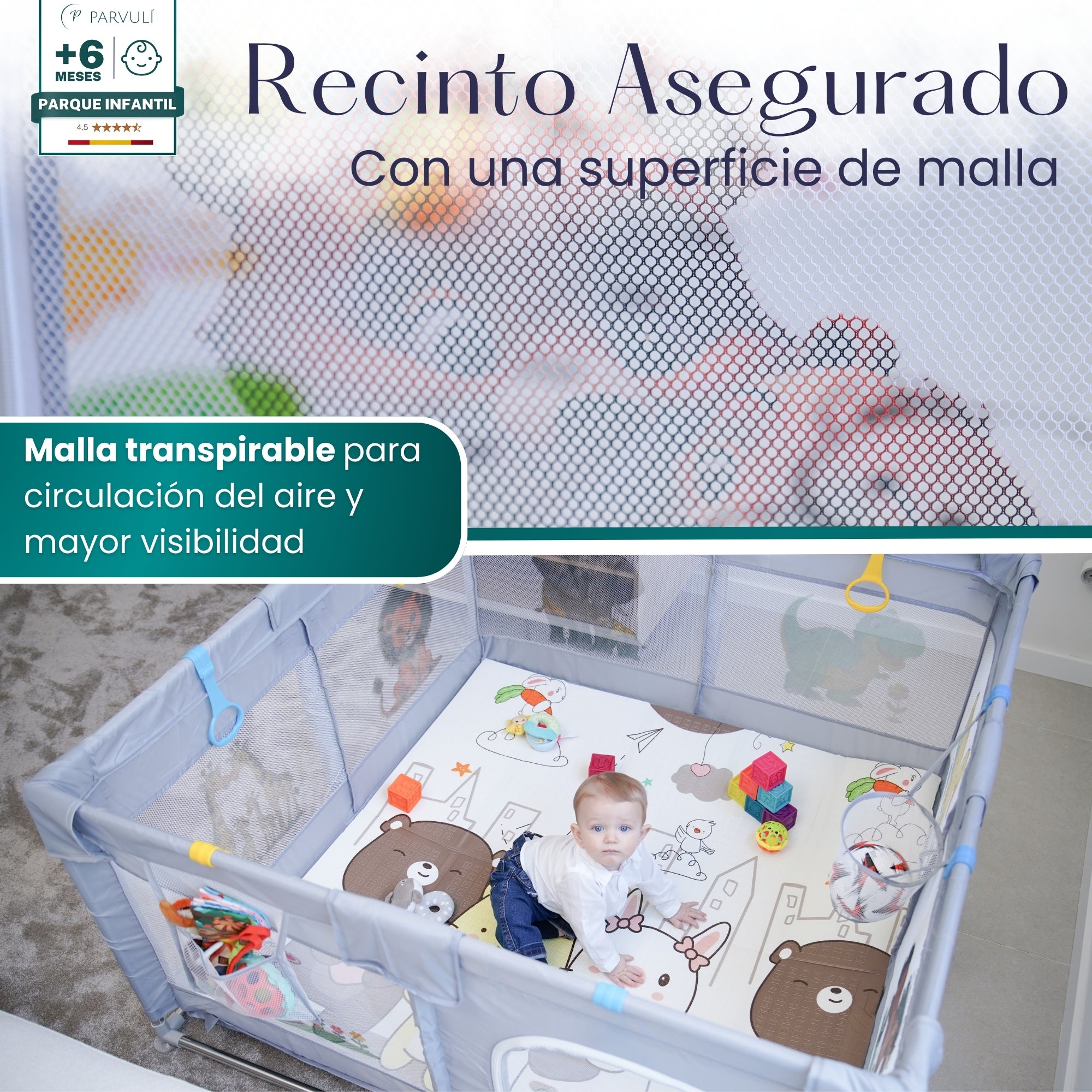 PARVULI® Parque Infantil Bebé | Corralito Bebé con 6 Agarraderas + Alfombra Acolchada | Plegable, Seguro y Transpirable - PARVULI