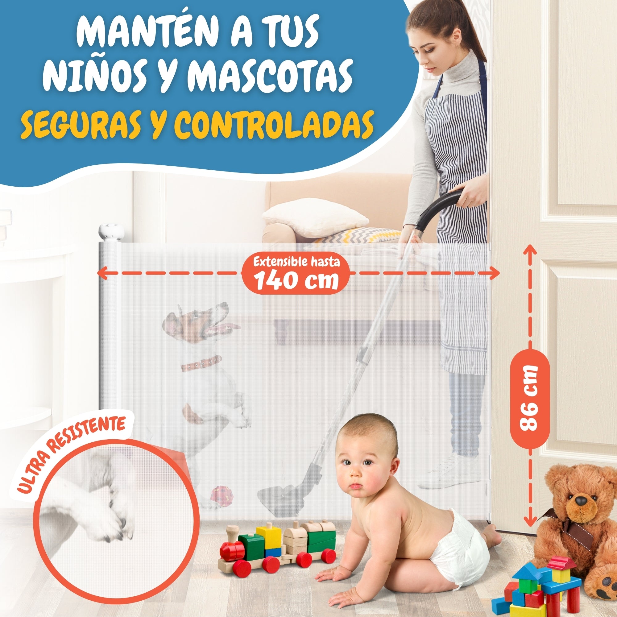PARVULI® Barrera Seguridad Niños Escalera Retráctil 0-140 cm + 2 Protectores de Puerta | Valla Infantil y para Mascotas | Para Puertas y Escaleras | Interior y Exterior