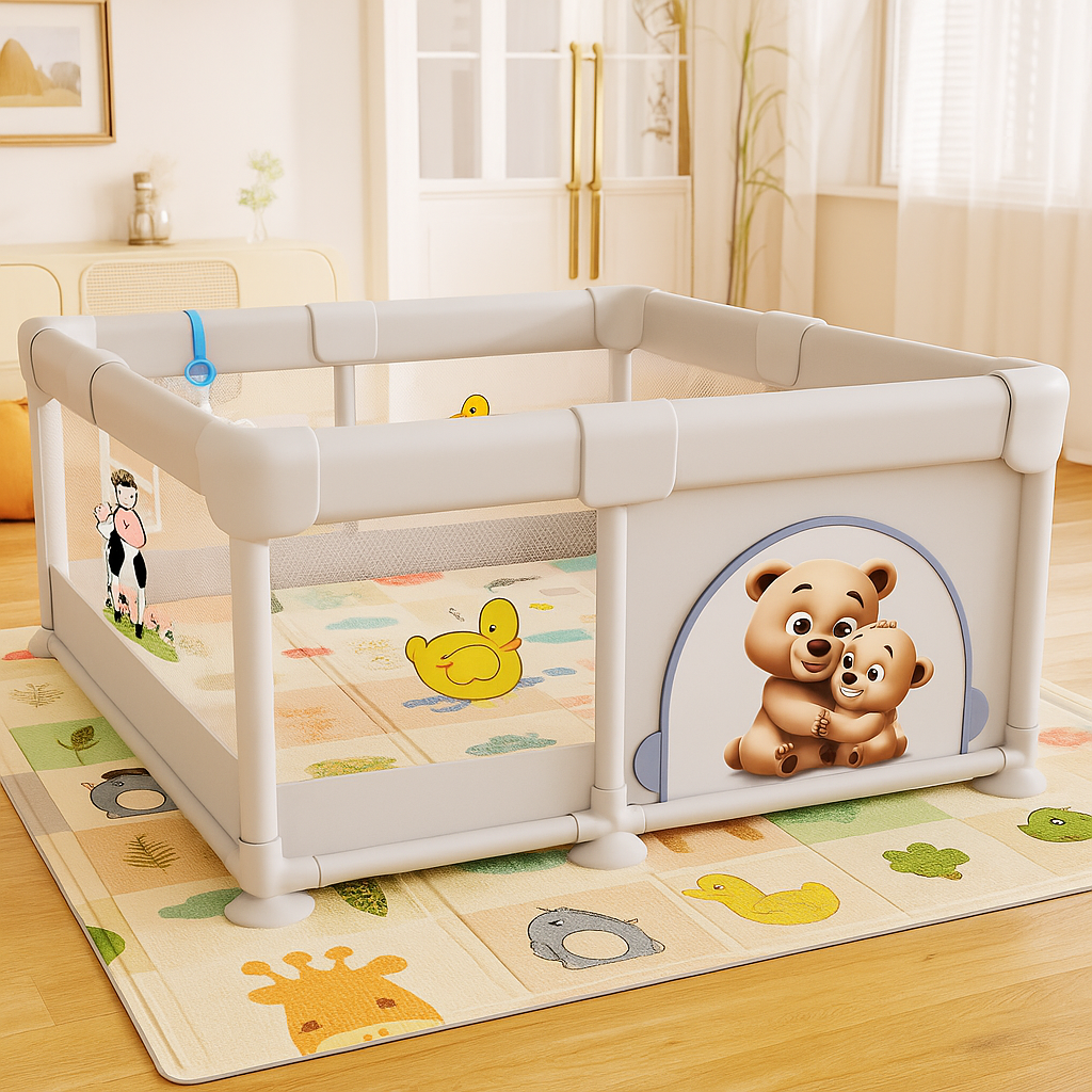 PARVULI® Parque Infantil Bebé | Corralito Bebé con 6 Agarraderas + Alfombra Acolchada | Plegable, Seguro y Transpirable - PARVULI