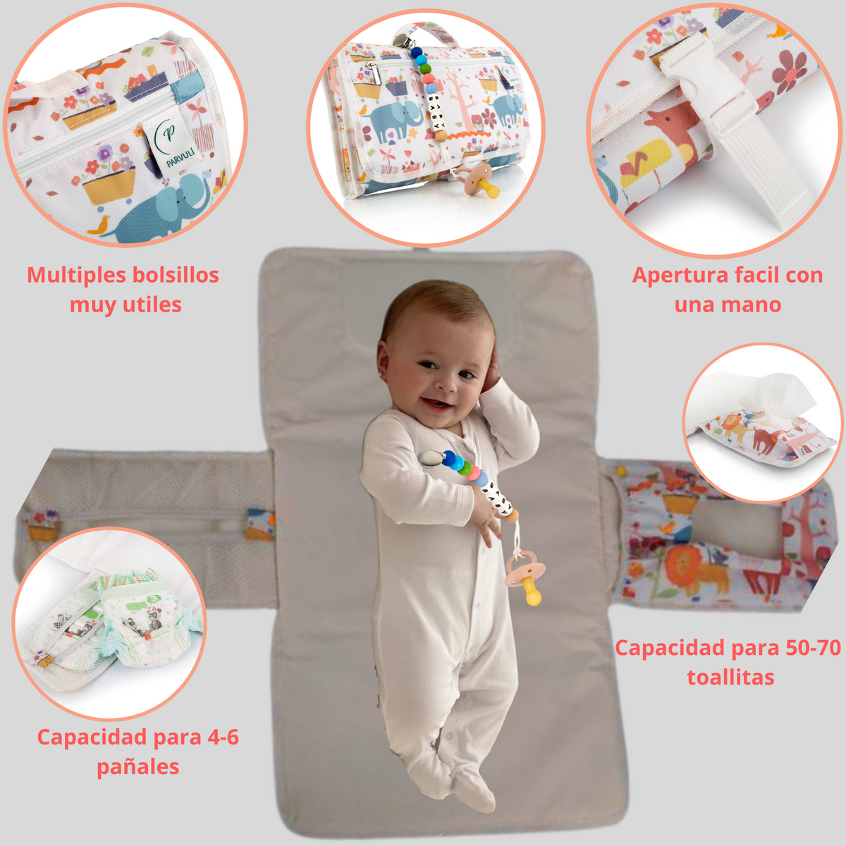 PARVULÍ PACK Cambiador de Bebe Portatil XL Con Chupetero | Regalos Originales para Recien Nacidos | Plegable e Impermeable Que Mantiene al Bebe Cómodo y Limpio