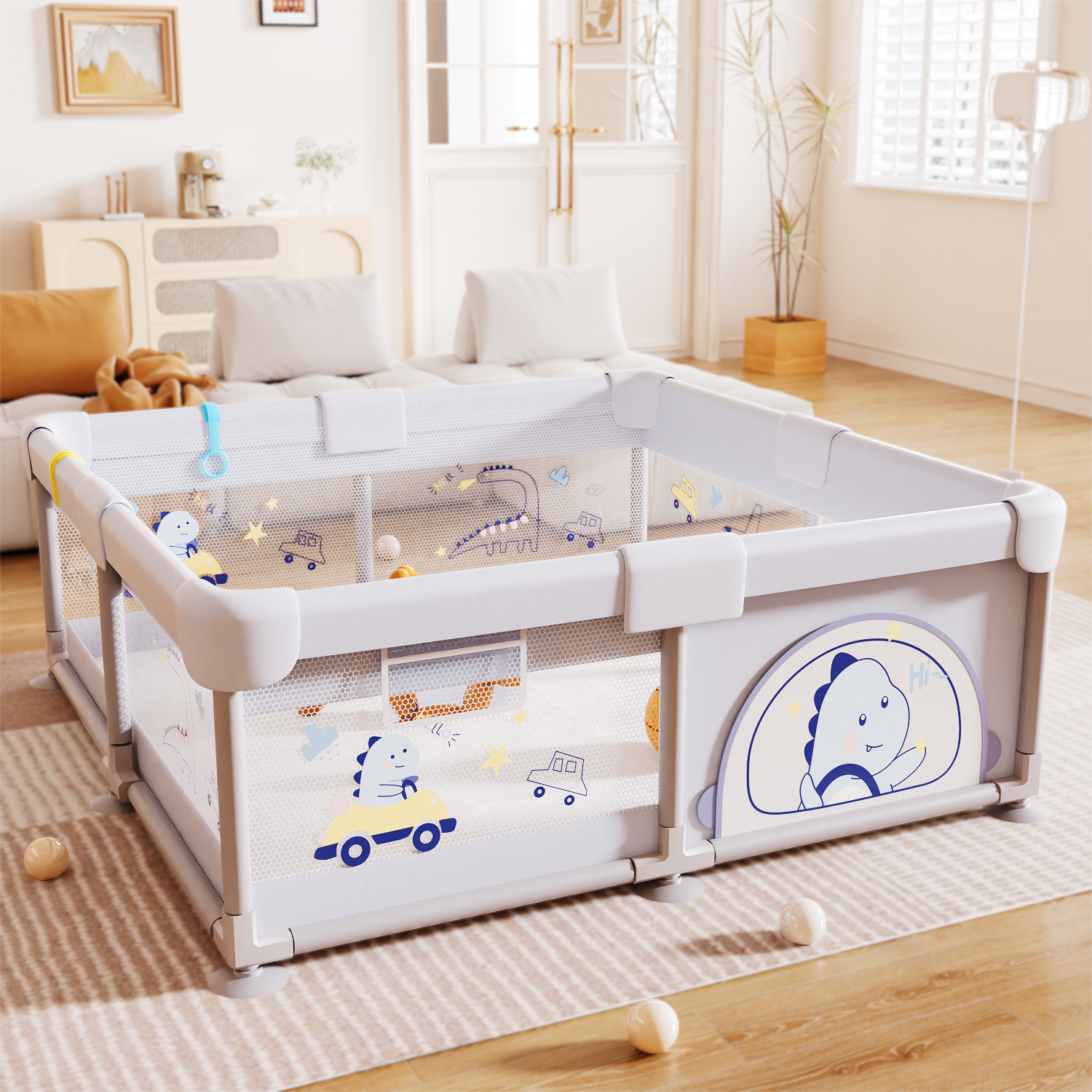 PARVULI® Parque Infantil Bebé | Corralito Bebé con 6 Agarraderas + Alfombra Acolchada | Plegable, Seguro y Transpirable