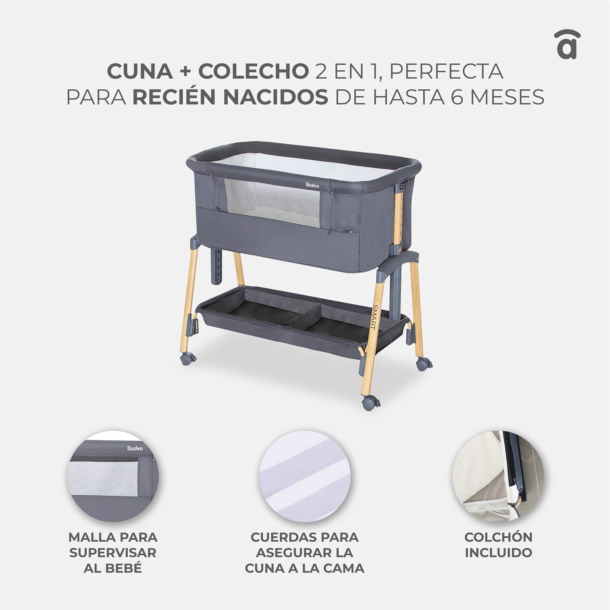 Minicuna de Colecho Smart 2 en 1 - Regulable en Altura con Patas Efecto Madera