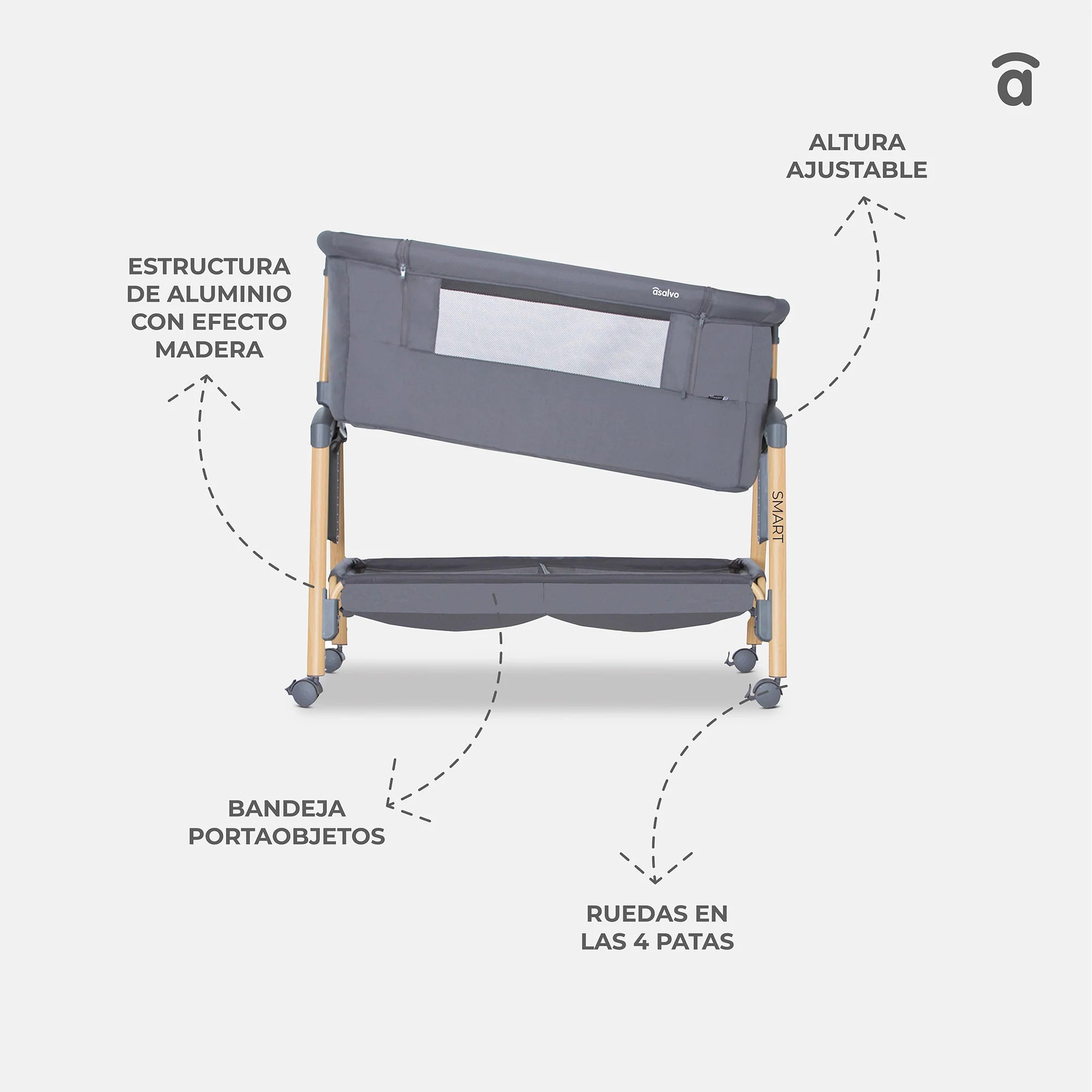 Minicuna de Colecho Smart 2 en 1 - Regulable en Altura con Patas Efecto Madera