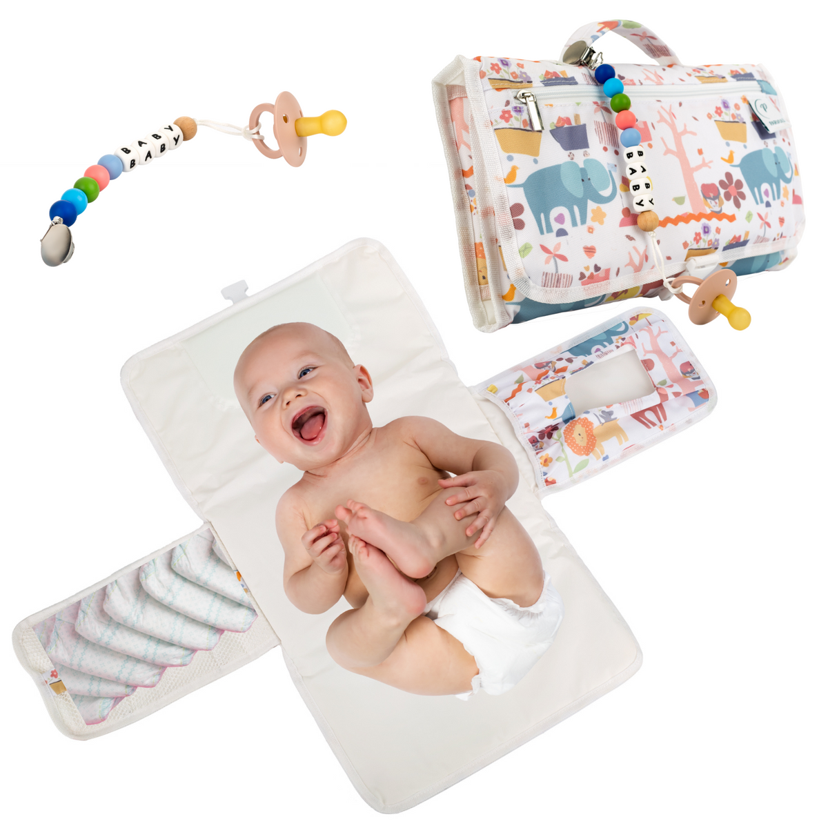 PARVULÍ PACK Cambiador de Bebe Portatil XL Con Chupetero | Regalos Originales para Recien Nacidos | Plegable e Impermeable Que Mantiene al Bebe Cómodo y Limpio