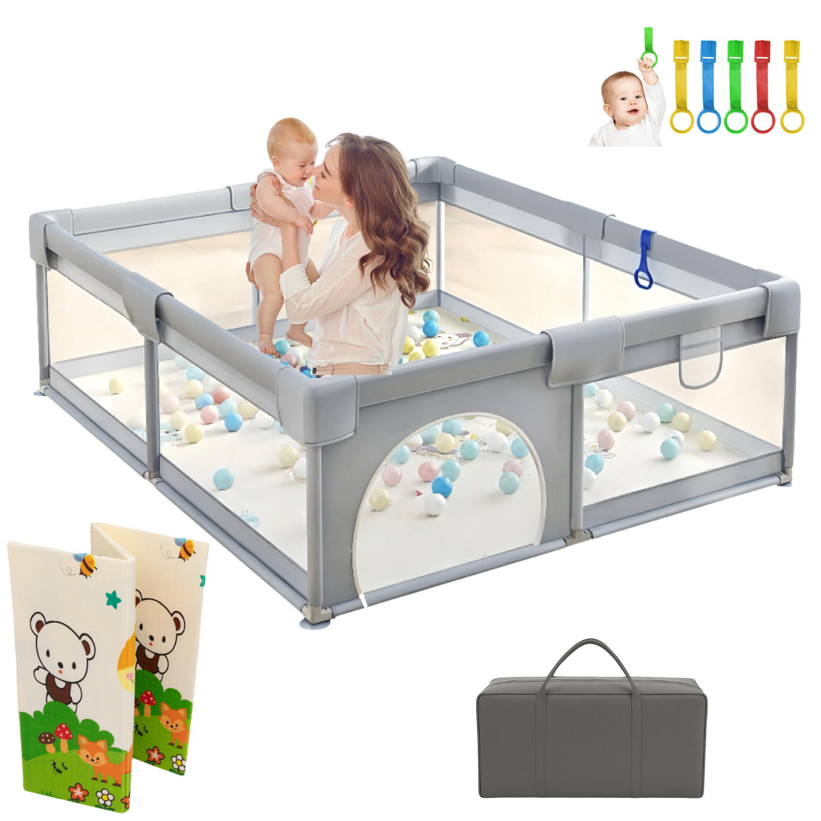 PARVULI® Parque Infantil Bebé + Alfombra de Juegos + 6 Agarraderas - PARVULI