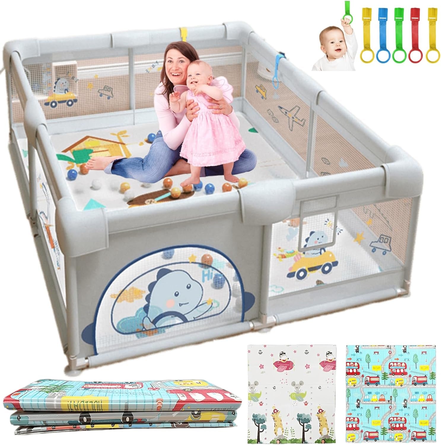 PARVULI Parque Infantil Bebe 150X180 Cm - Corralito Bebe Con 6 Agarraderas Y Alfombra De Juegos Acolchada - Parque Bebes Para Casa Plegable Con Malla Transpirable Y Vayas Con Protecciones