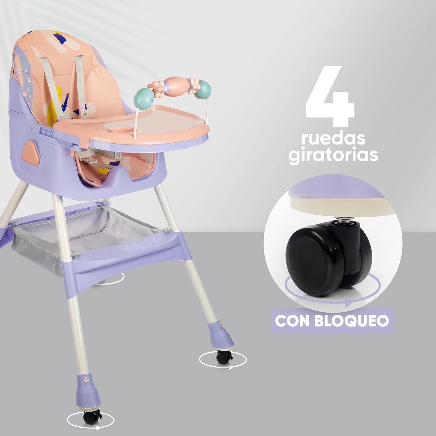 PARVULI Tronas De Bebe Con Babero Y Vajilla De Silicona - Trona De Bebe Evolutiva Hasta 25Kg - Silla De Comer Portatil Para Bebe (Estampado Rosa)