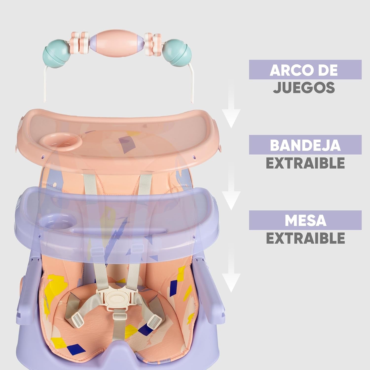 PARVULI Tronas De Bebe Con Babero Y Vajilla De Silicona - Trona De Bebe Evolutiva Hasta 25Kg - Silla De Comer Portatil Para Bebe (Estampado Rosa)