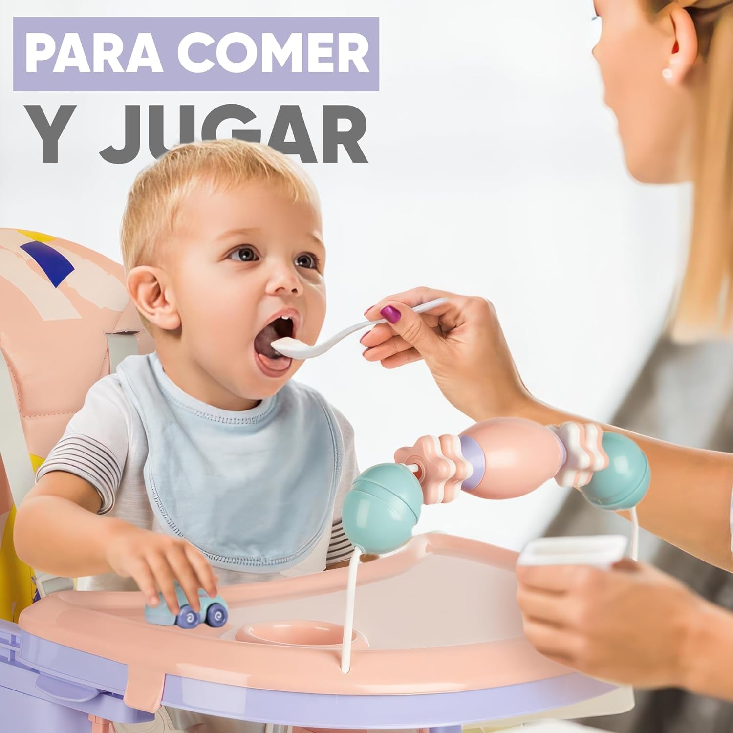 PARVULI Tronas De Bebe Con Babero Y Vajilla De Silicona - Trona De Bebe Evolutiva Hasta 25Kg - Silla De Comer Portatil Para Bebe (Estampado Rosa)